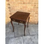 EDWARDIAN MAHOGANY ENVELOPE CARD TABLE, the four section top opening to reveal a dark green beize