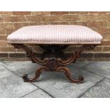 VICTORIAN UPHOLSTERED STOOL, of rectangular form and on x frame and on scrolled supports 46cm x 84cm