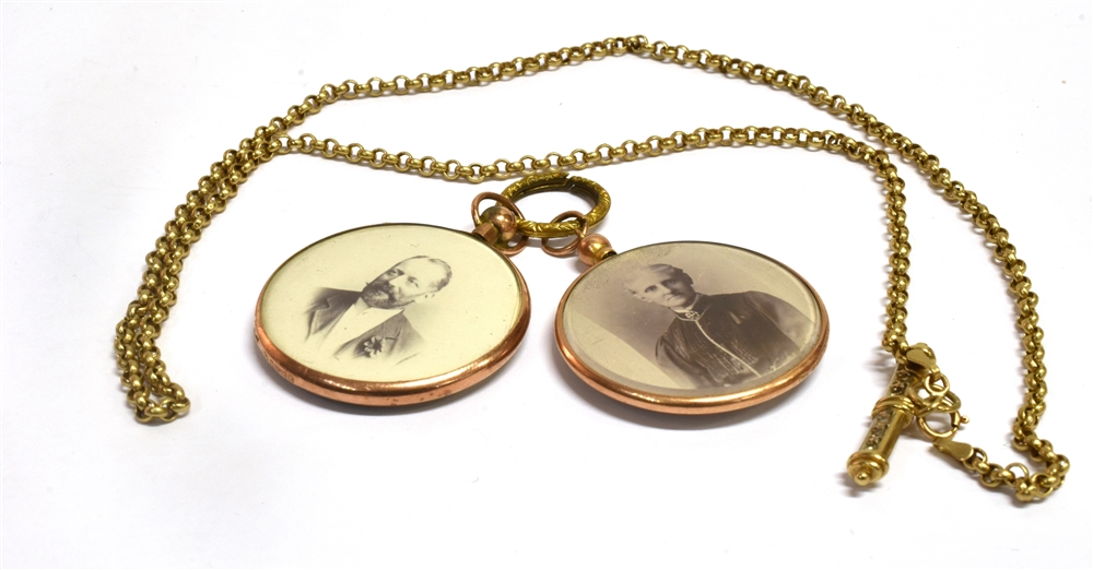 A PAIR OF EDWARDIAN 9CT GOLD FRAMED PICTURE PENDANTS and chain, the glazed pendants hallmarked 1906, - Image 2 of 2