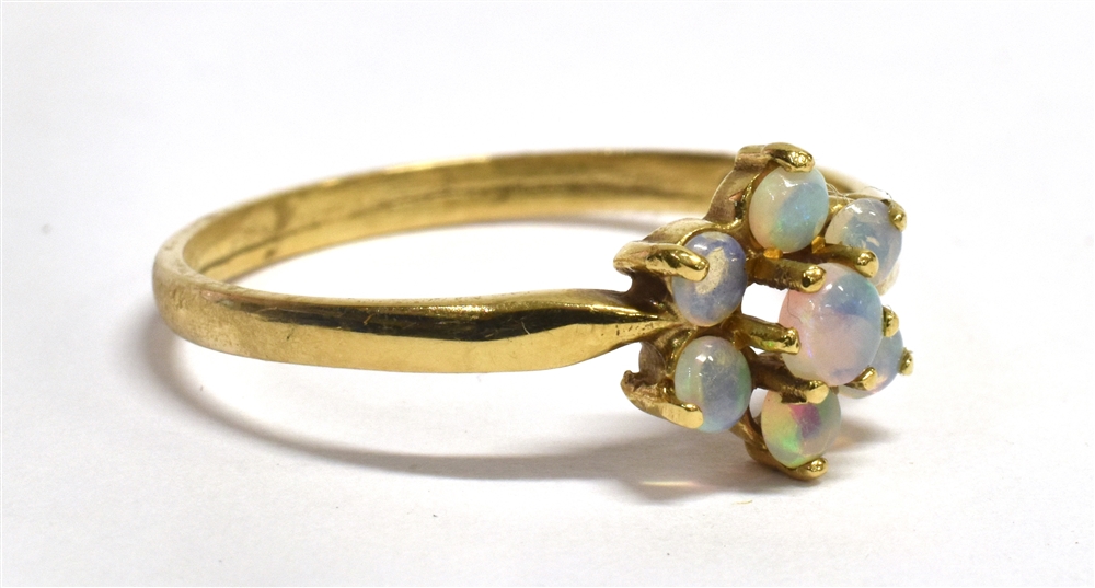 AN OPAL CLUSTER 9CT GOLD DRESS RING seven small opals to hallmarked 9ct gold shank, size P, gross - Image 2 of 3