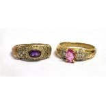 TWO 9 CARAT GOLD DRESS RING comprising a pink stone 6mm x 4mm with small diamond set shoulders, size
