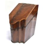 GEORGE III MAHOGANY AND CROSSBANDED KNIFE BOX with fitted interior, 38cm high