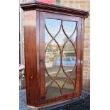 VICTORIAN MAHOGANY WALL HANGING CORNER CUPBOARD, with geometric design, 108cm x 81cm