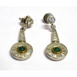 A PAIR OF ART DECO DESIGN EMERALD AND DIAMOND CLUSTER DROP EARRINGS each comprising a round cabochon