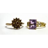 TWO 9CT GOLD DRESS RINGS Comprising an amethyst single stone and a garnet cluster sizes N and L,