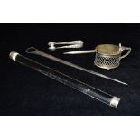 FIVE ASSORTED ITEMS OF SILVER Comprising a Georgian meat skewer, London Mark for 1788, makers Mark