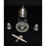 THREE ITEMS OF SILVER WARE comprising a silver topped glass sugar caster, a small pair of acorn