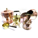 A GROUP OF MIXED METALWARES including copper coal scuttle and log bin, brass kettle on stand,