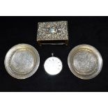 THREE ITEMS OF SILVER Comprising a pair of Egyptian hallmarked silver pin dishes, a match box holder