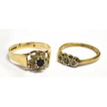 TWO SMALL DIAMOND SET 9CT GOLD DRESS RINGS Comprising an illusion set three stone ring; and a