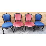 SET OF FOUR LOUIS XVI STYLE SALON CHAIRS, with two in pink upholstery, and the other two in royal