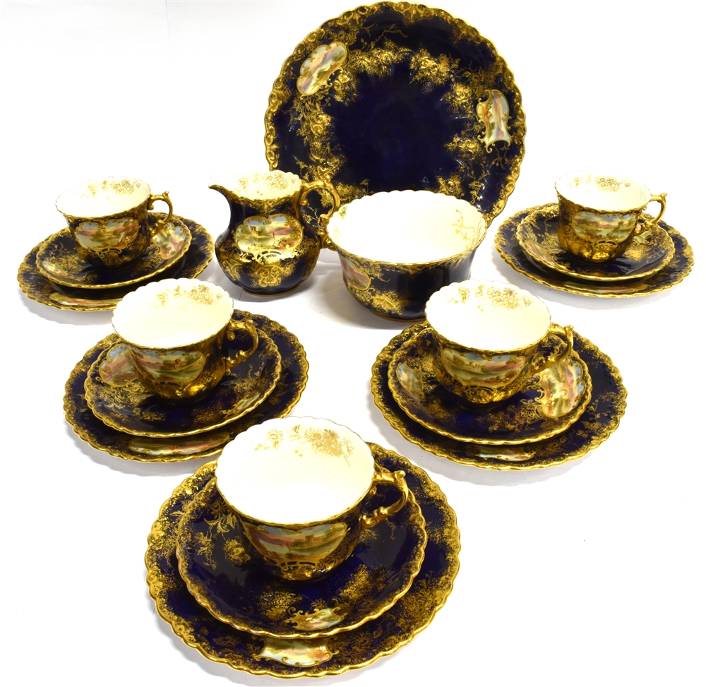 A COLLECTION OF AYNSLEY TEAWARE comprising five cups, saucers and plates, together with a slop bowl,