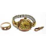 THREE VINTAGE 9CT GOLD ITEMS ALL AS FOUND Comprising a ladies Everite watch; a ring; and a toggle