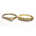 TWO DIAMOND SET 9CT GOLD RINGS Comprising a diamond five stone, the small round cut diamonds