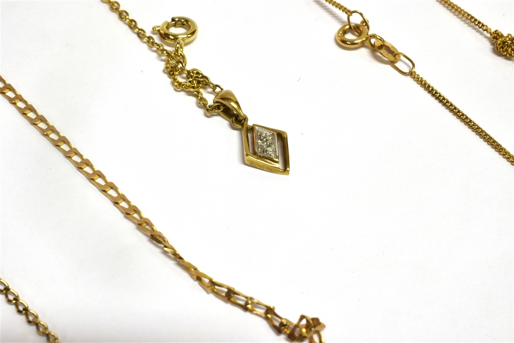 THREE 9CT GOLD FINE LINK CHAINS one with a small pendant, together with a fine link bracelet, all as - Image 2 of 2