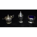 AN ART DECO MAPPIN & WEBB THREE PIECE SILVER CONDIMENT SET The tapered faceted design comprising