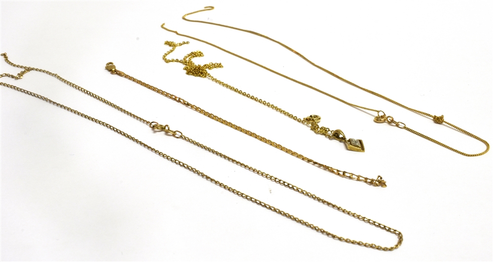 THREE 9CT GOLD FINE LINK CHAINS one with a small pendant, together with a fine link bracelet, all as