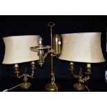 A PAIR OF ROCOCO STYLE TWIN LIGHT ORMOULU TABLE LAMPS 45cm high including shades; together with an