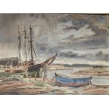 20TH CENTURY SCHOOL Ships in an estuary at low tide Oil on canvas laid on board Bourlet Frames