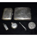 SIX ITEMS OF SILVER Comprising a cigarette case; a charoot case; a sovereign holder; a miniature