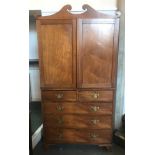 VICTORIAN MAHOGANY LINEN PRESS, the upper section having scrolled pediment above a pair of doors