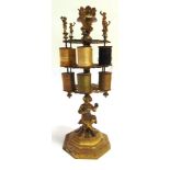 A VICTORIAN BRASS COTTON REEL STAND (lacking pin cushion surmount), overall 36cm high.