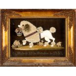 AN EARLY 19TH CENTURY EMBROIDERED SILK, WOOL AND LEATHER WORK PICTURE OF A POODLE in low relief,