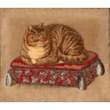 A VICTORIAN EMBROIDERED WOOL AND BEADWORK PICTURE OF A CAT SEATED ON A CUSHION in low relief, set