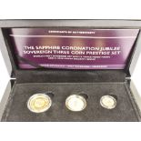 GIBRALTAR - ELIZABETH II (1952-), SAPPHIRE CORONATION JUBILEE SOVEREIGN THREE COIN PRESTIGE SET,