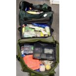 A ZEBCO GREENFISHING BAG AND TWO OTHERS containing a large selection of lines, hooks and other