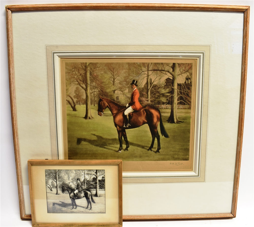 AFTER R.A. LE BAS A gentleman in hunt dress on a bay horse, in a parkland setting, colour print,