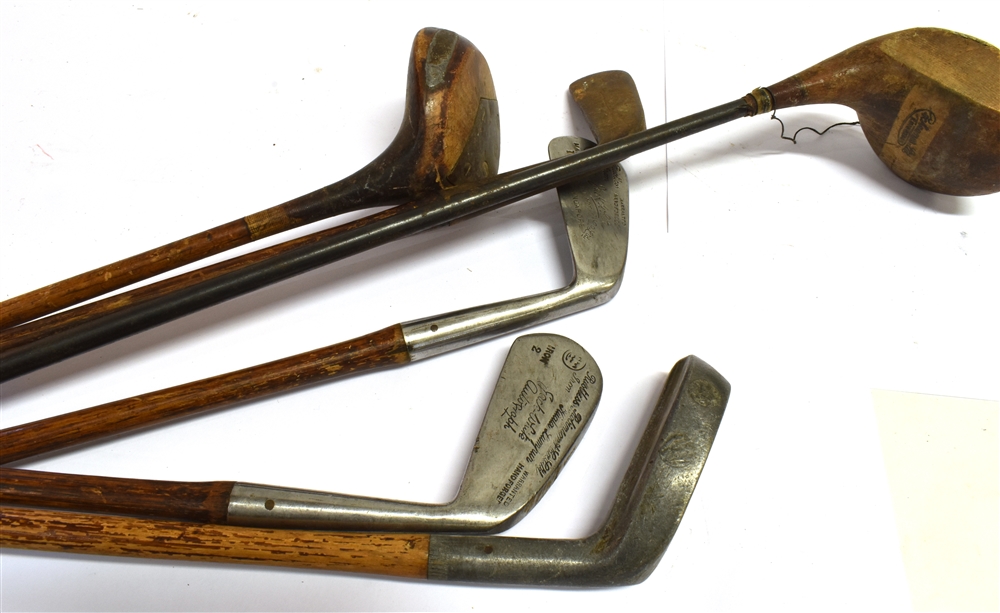 SIX ASSORTED GOLF CLUBS five with wooden shafts, comprising two woods, a 'mashie1' and an 'Iron 2' - Image 2 of 3