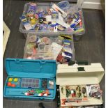 A LARGE SELECTION OF FISHING FLOATS, WEIGHTS, HOOKS AND OTHER ACCESSORIES in two fishing boxes and