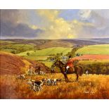 DONALD AYRES Exmoor Hunt Scene looking south towards Oare Huntsman - Dennis Boyles with Michael