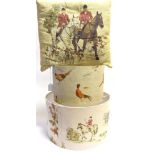 TWO LAMP SHADES The largest with hunting scene design, diameter 40 cm, 25cm high, the smaller with
