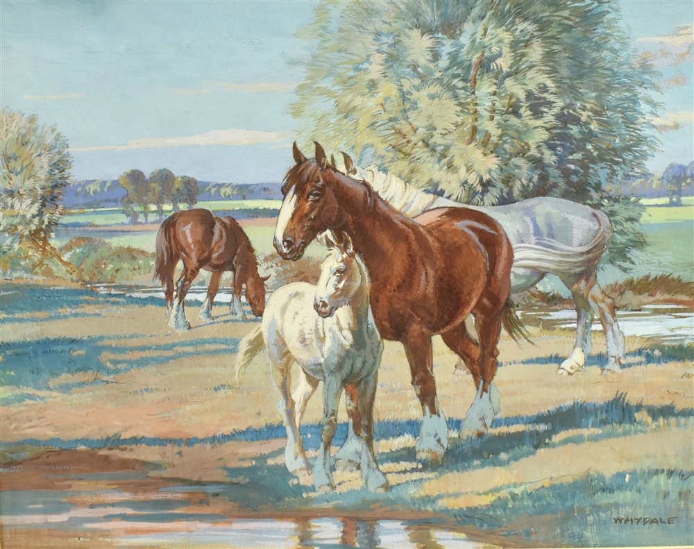 ERNEST HERBERT WHYDALE, A.R.E. (1886-1952) Shirehorses, mare and foal in a meadow in extensive river