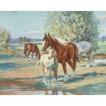 ERNEST HERBERT WHYDALE, A.R.E. (1886-1952) Shirehorses, mare and foal in a meadow in extensive river