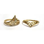 TWO 9CT GOLD WISHBONE STYLE RINGS One set with very small diamonds, size N ½; the other plain,