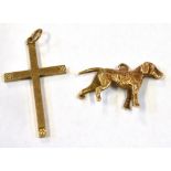 TWO ITEMS OF 9CT GOLD JEWLLERY Comprising a cross pendant 3 cms x 2 cms and a small dog charm, total
