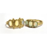 TWO OPAL THREE STONE 9CT GOLD RINGS One with a boat shaped head, tiny diamonds between, size O;