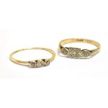 TWO 9CT GOLD SMALL DIAMOND THREE STONE RINGS Rings both as found, 2.8 grams gross weight.