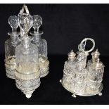 TWO EPNS FRAMED CRUETS one with three bottles, 32cm high overall; the other five bottle cruet 20cm