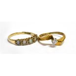 TWO DIAMOND SET 9CT GOLD RINGS Comprising a diamond single stone, size K ½; and an opal and