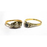TWO 18CT GOLD STONE SET RINGS Comprising on illusion set small diamond three stone and one set