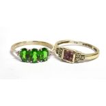 TWO 9CT WHITE GOLD AND COLOURED STONE AND DIAMOND SET RINGS Comprising a chrome dropside three