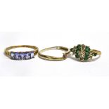THREE COLOURED STONE SET 9CT GOLD DRESS RINGS Comprising a tanzanite five stone, size T, an
