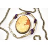 THREE ITEMS OF SILVER JEWELLERY Comprising an amethyst bead set bracelet; an oval cameo brooch,