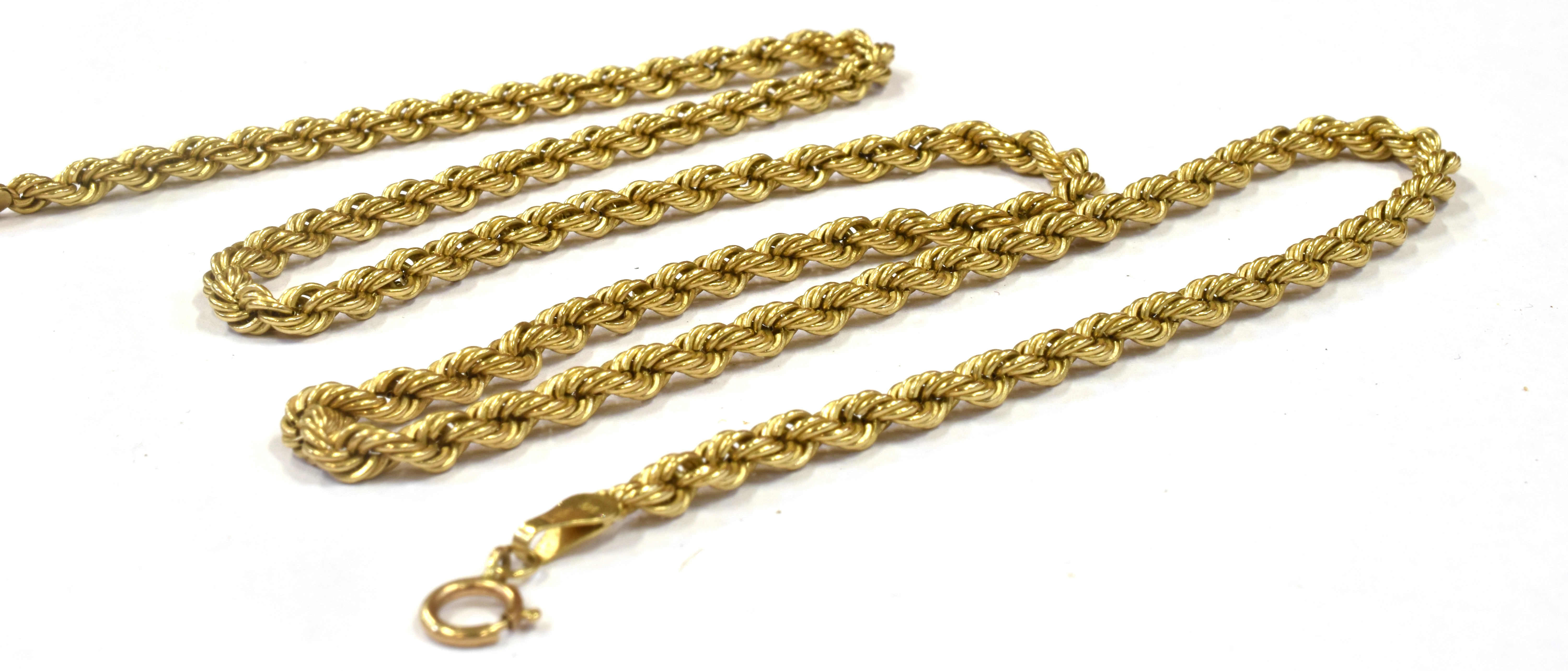 A 9CT GOLD HOLLOW ROPE LINK CHAIN 20 cms long, bolt ring fastener weighing approx. 5.2 grams - Image 2 of 2