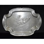 ORIVIT: A JUGENDSTIHL PEWTER TRAY relief decorated with a leaping stag, 53.5cm wide, stamped to