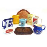 BREWERIANA - ASSORTED comprising eleven ceramic jugs, various trays, bottle stoppers, tooth pick